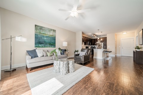 a living room with a couch and a table